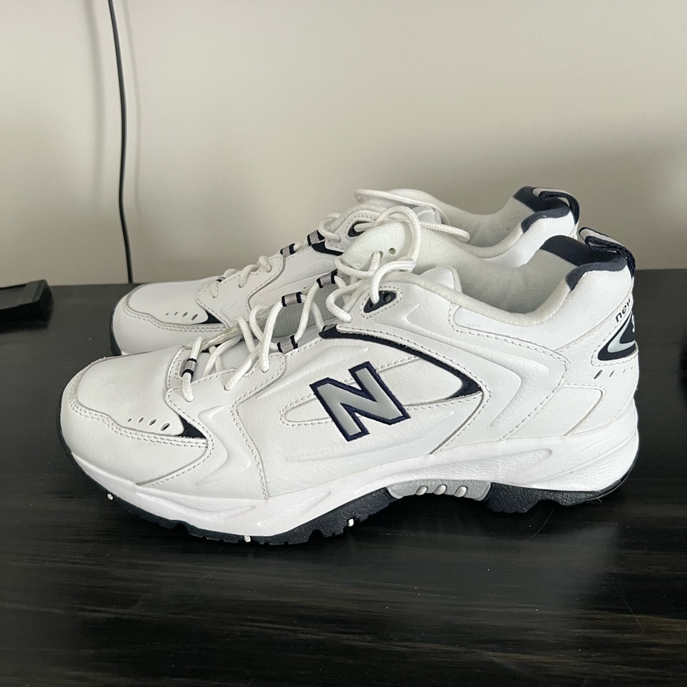New Balance White and Navy Leather Athletic Sneakers